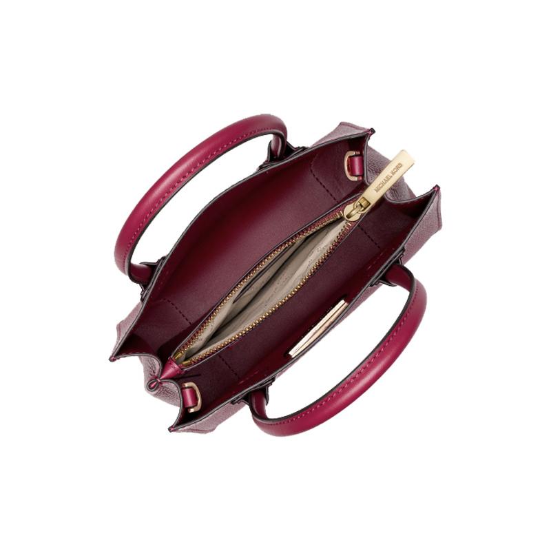 MICHAEL KORS Mercer pebbled lock solid French cowhide leather accordion bag shoulder crossbody handbag small size women's berry red