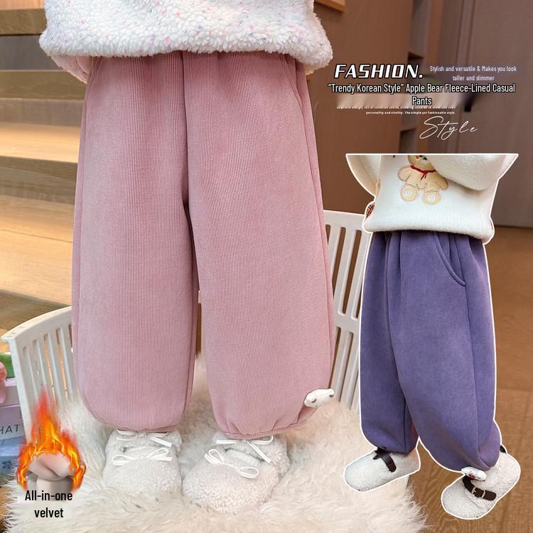 Meng Tang Tang Girls' Plus Velvet Cartoon Pants - Stylish Winter Wear for Kids