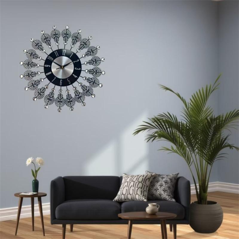 Crystal Leaves Wall Clock None-Ticking Silents Battery Operated Clocks Decorative Wall Clocks for Living Room Decors