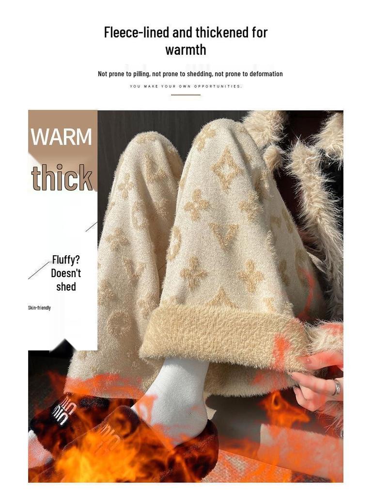 Women's White Mink Knit High-Waisted Fleece-Lined Wide-Leg Pants, 2024 Autumn/Winter Casual Floor-Length.