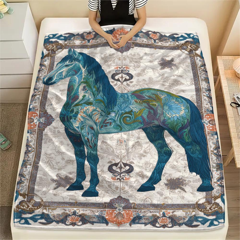 Blumenpferd-Print Flanelldecke, Hohe Qualität, Bequem für alle Jahreszeiten, Heimdekoration, Wärme und Komfort, Perfekt für Weihnachtsgeschenke