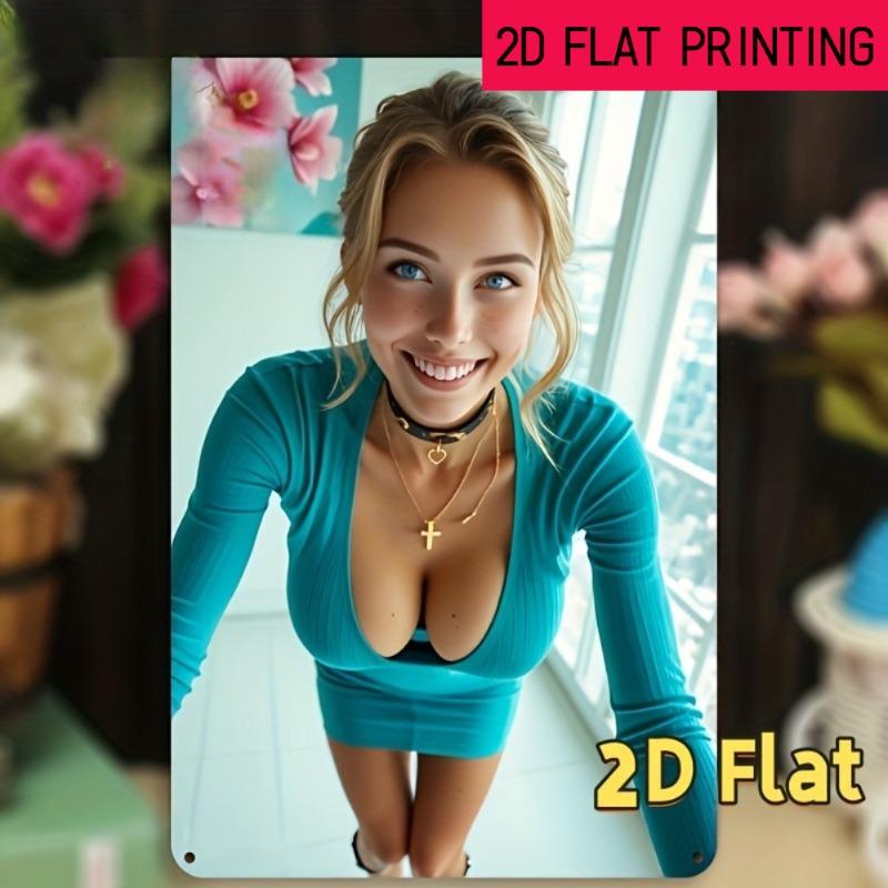 Vintage Blue Metal Wall Sign, Smiling Lady Flower Decor 8x12 Inch