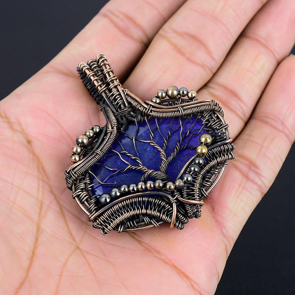 Pandantiv Lapis Lazuli Bijuterii cu Pietre Prețioase Lucrate Manual, Pandantiv Înfășurat în Sârmă de Cupru 999, Pandantiv Bijuterii cu Design Unic