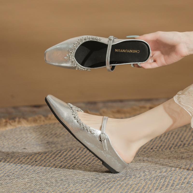 Cowhide version~ inner height increase 3CM pointed head silver rhinestone bag head half slippers women's shoes outer wear 2025 spring and summer metho