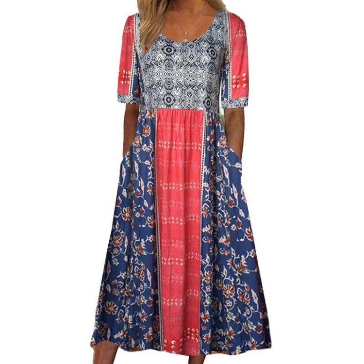 Cool Summer Dress for Women Bohemian Print Retro Round Neck Short Sleeve Long Skirt
