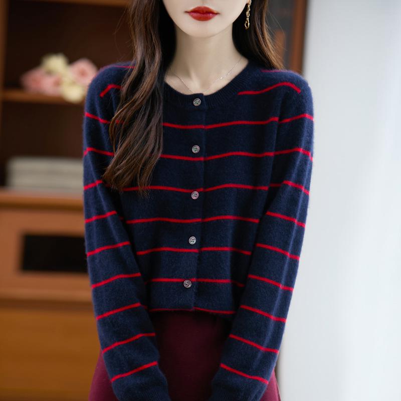 2025 Autumn/Winter Women's Pure Wool Striped Knit Cardigan: Round Neck, Loose Fit, Cashmere Long Sleeve Versatile Outerwear.