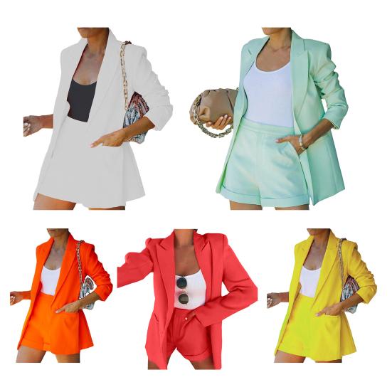 2Pcs/Set Ladies Suit Solid Color Lapel Neck Cardigan Blazer Summer Jacket Shorts Suit Commuter Clothes Streetwear