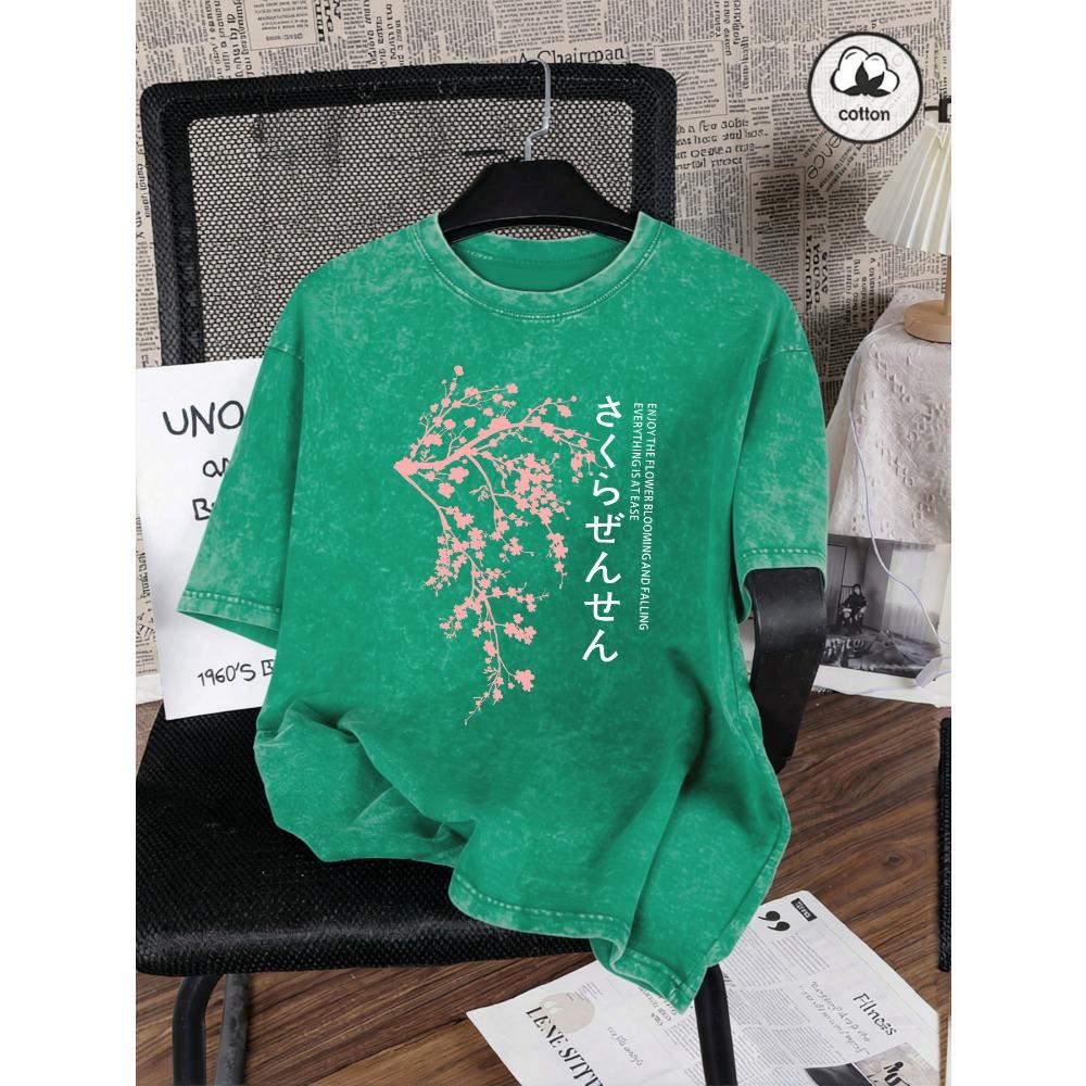 Japan Cherry Blossom Letter Print Washed T Shirt Woman Summer T-Shirts Cotton Loose Clothes Vintage Y2K Short Sleeve