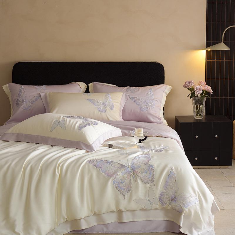 60s Tencel Princess Butterfly Embroidered Cooling Duvet Cover Set 1.8m Fitted Sheet Style (Four-Piece Set)