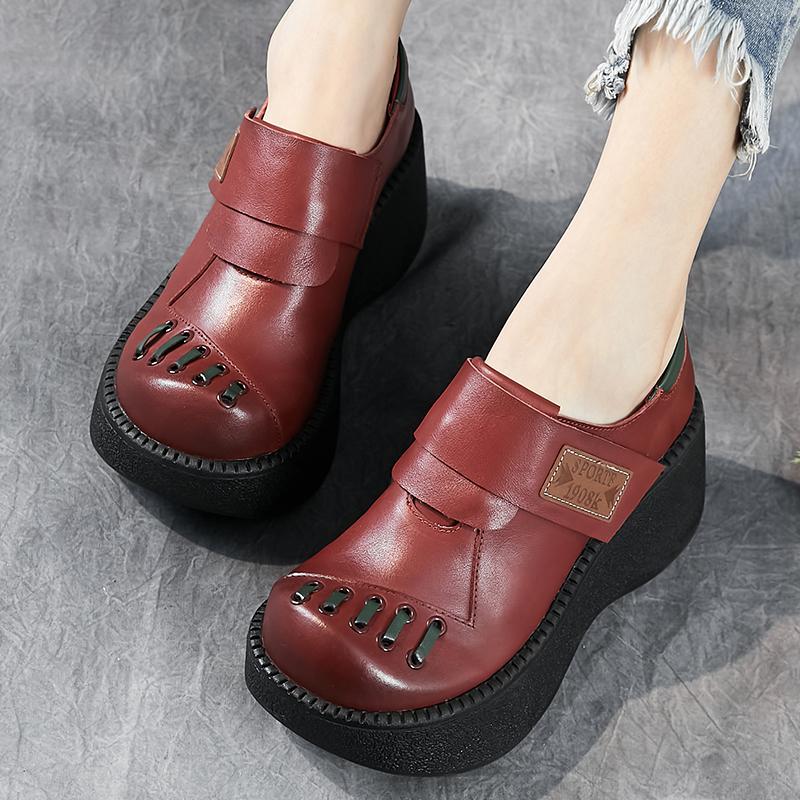 Fashion GKTINOO Retro Flat Platform Women Wedges Shoes Luxury 6cm Platform Shoes Thick Heels Genuine Leather Casual Hook & Loop Pumps