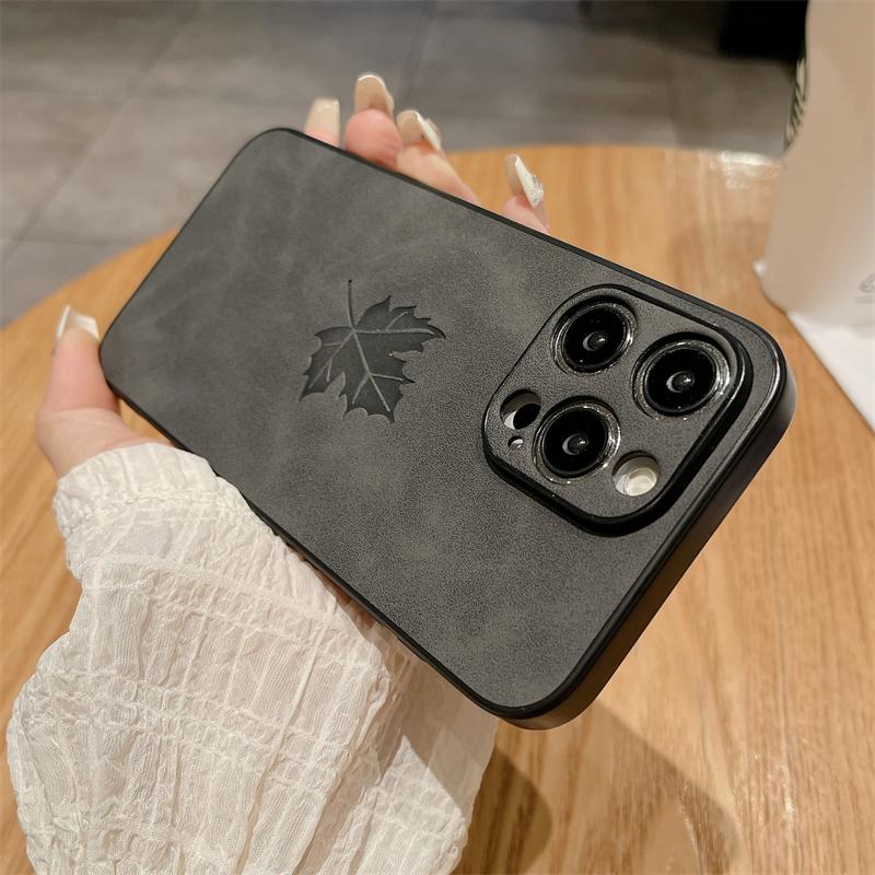 Luxury Matte Soft Suede Leather Maple Leaf Pattern Case For iPhone 15 14 Plus 13 11 12 Pro X XS Max XR Shockproof Silicone Cover