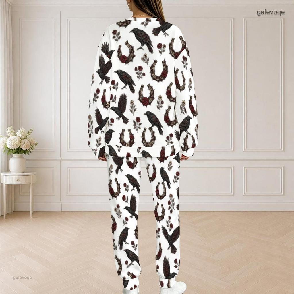 Women Plus Size White Horse Football Printed Round Neck Long Sleeve Top And Pants Two Piece Set