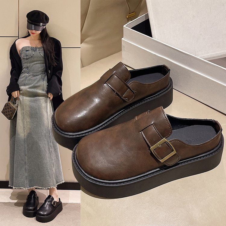Thick-soled Muffin Birken Shoes, Leather Bag Head, Half-drag Women's Outer Wear 2025 New Spring and Autumn One-pedal Birken Slippers