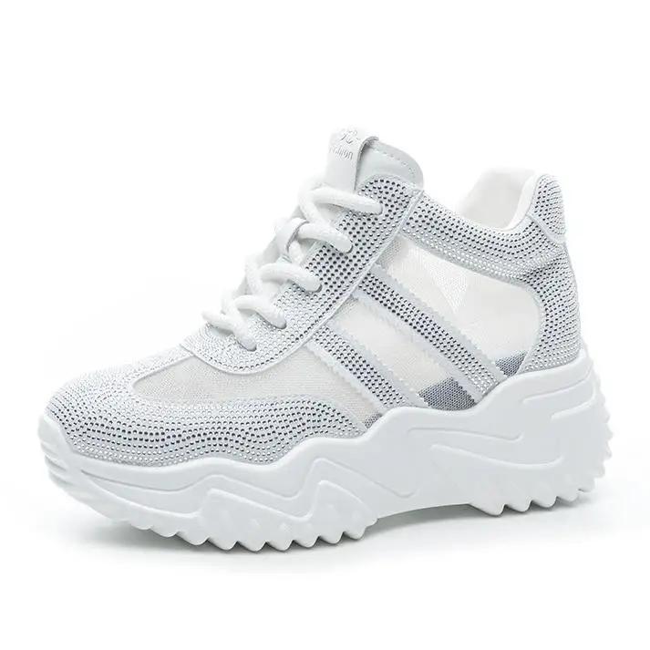 

Fashion 6CM Air Mesh Genuine Leather Bling Spring Autumn Hollow Summer Bling Chunky Sneakers Platform Breathable Wedge Flats Women Shoes 39