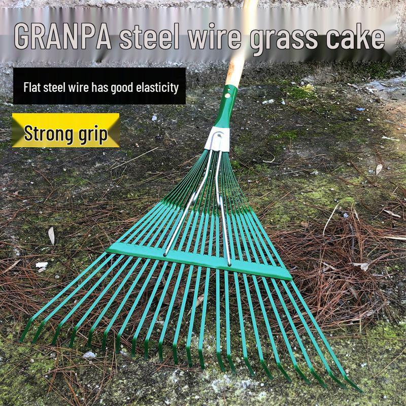 Garden Rake with Long Wooden Handle for Lawn and Leaves