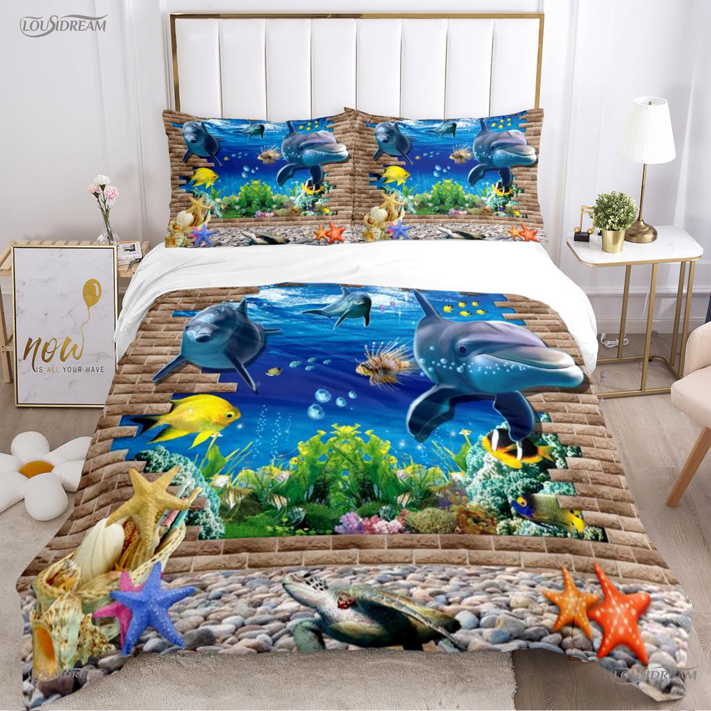 Comforter 3D Ocean World Dolphin Whale Fish Comforter Beding Set Soft And For Single/Double/Queen/King