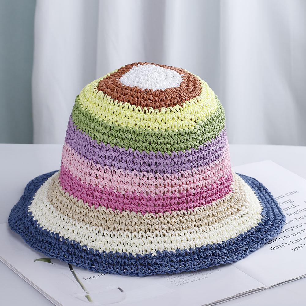 

2020 summer Women s bucket hat Straw made rainbow Crochet foldable parent-child Panama hat children female beach sun visor Cap adult55-58cm