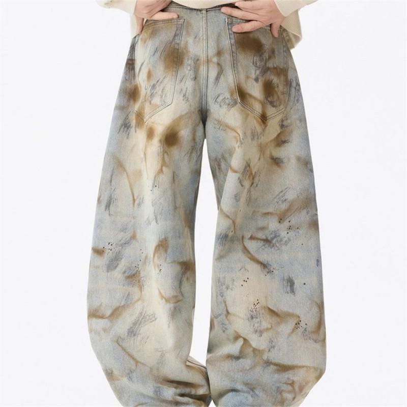 Mens Loose Wide-Leg Jeans Streetwear Punk Tie-Dye Wash Casual Long Pants