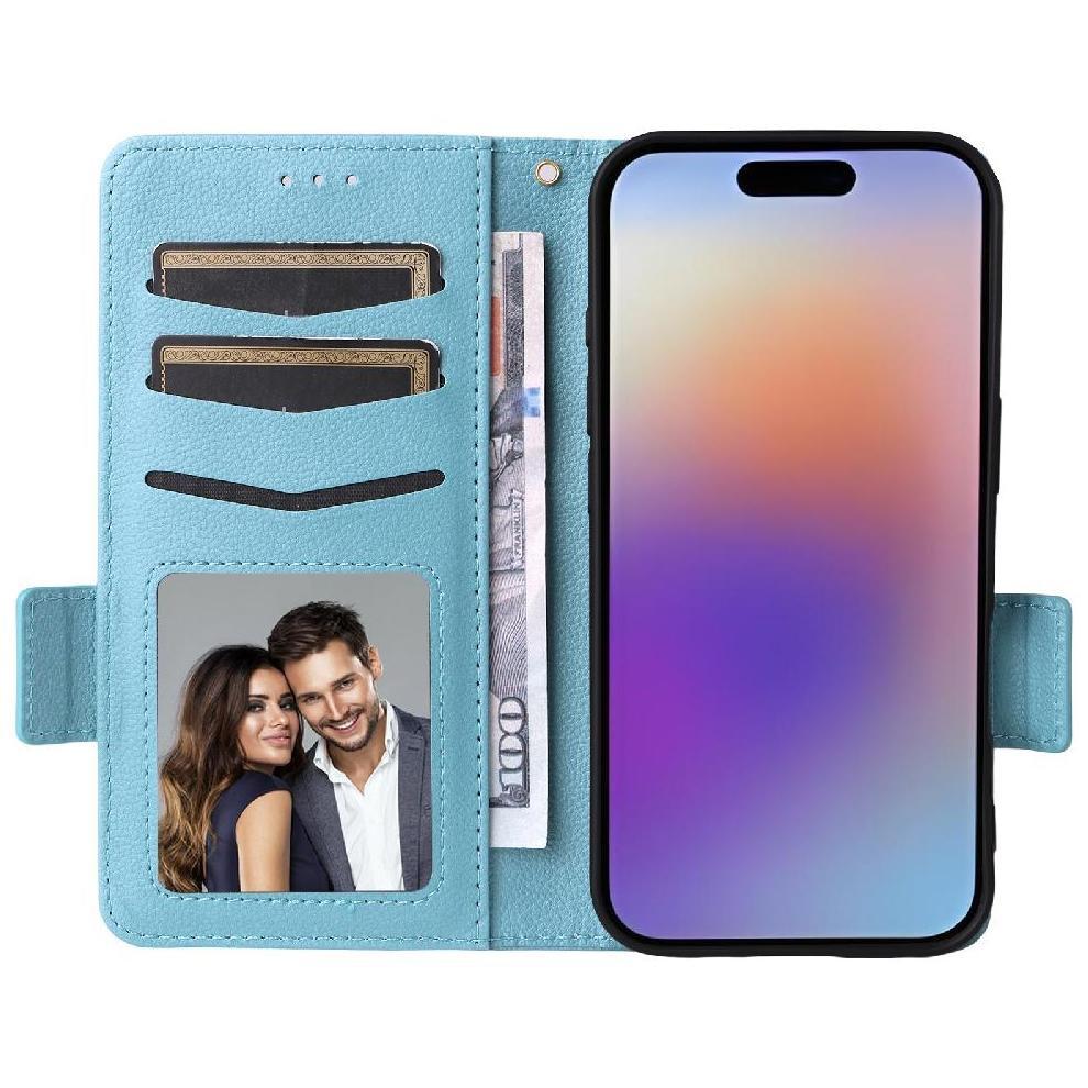 (Light blue) Flip Case For IPhone 17 PU Leather Magnetic Wallet Card Slots Holder Side Buckle
