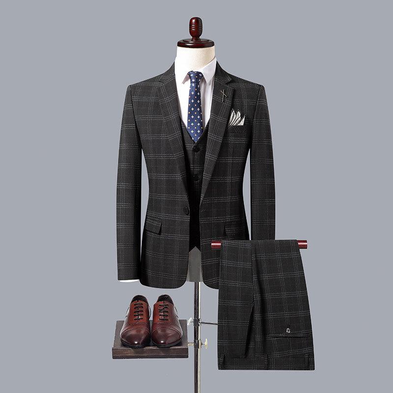 Costum nou de primăvară și toamnă pentru bărbați cu carouri, versiune coreeană, costum profesional slim fit din trei piese, ținută de nuntă pentru mire