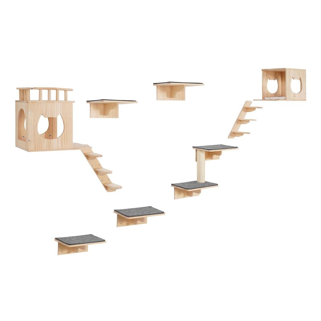 Wandmontiertes Katzenregal Baum mit Sprungbrettern Nestern Hängematte Set von 9