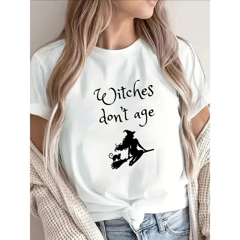 

co t t ton Short Sleeve T-Shirt Witches Don t Age Print, Graphic Design, Lightweight and Durable, Perfect for Halloween Parties S белый