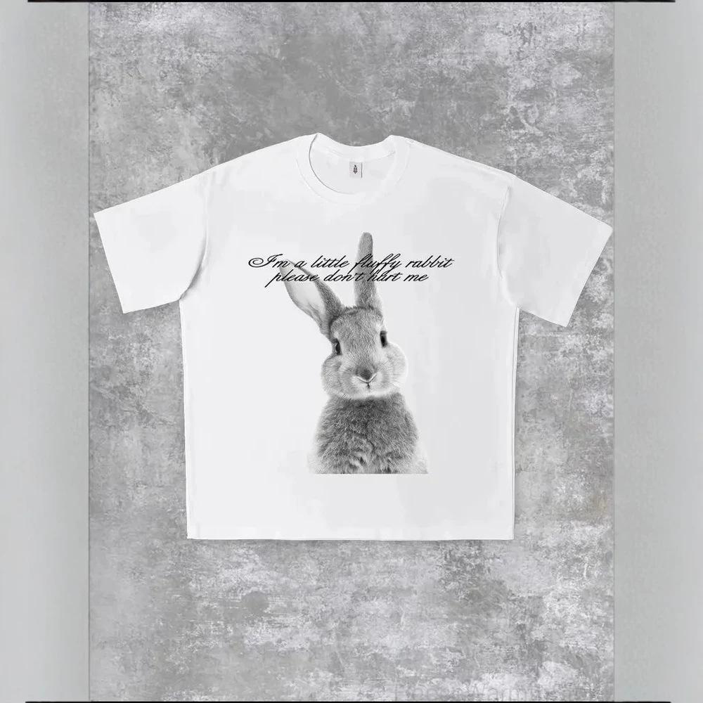 Women'S White Rabbit Graphic Print T Shirt Short Sleeve Tee Loose Fit Casual Top Sweet & Cute Style