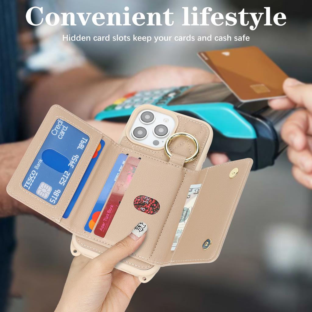 Für iPhone 16 Pro Hülle mit Umhängeband/Spiegel/Kartenhalter Gittermuster RFID-Blockierende Handyhülle