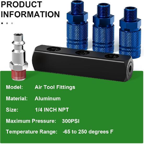 TAISHER 3-Way Straight Air Manifold 4 Ports Aluminum Industrial Pneumatic Air Compressor Quick Connect Socket In Line Type Air Hose Splitter with 3