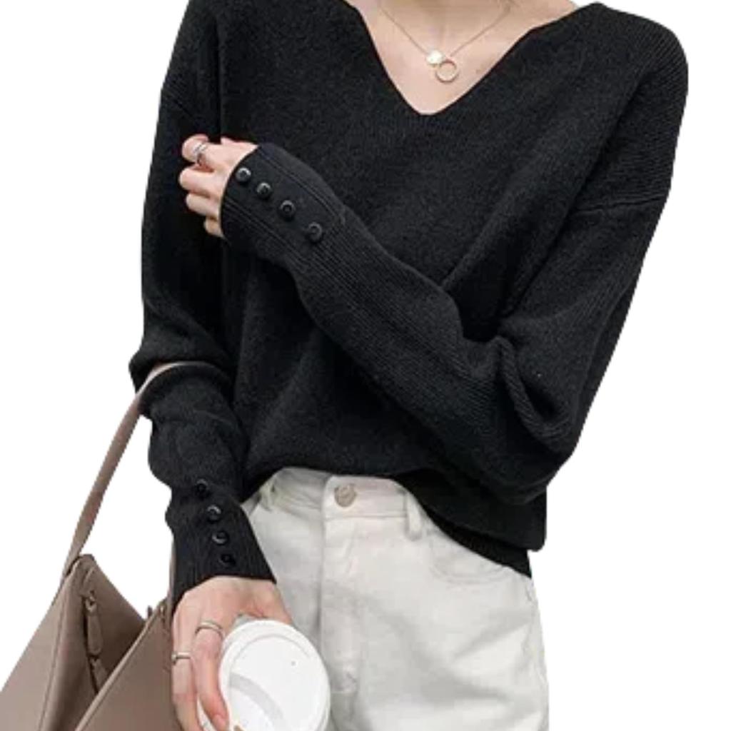 Pullocardi Ribbed Knit Sweater in Pure Long Sleeve Pullover with Button Loose Stylish Black Women's V-Neck Color, Cuffs, Fit,
