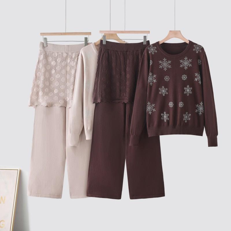 Womens Winter Knit Set: Round Neck Sweater With Rhinestone Embellishment Straight Leg Pants