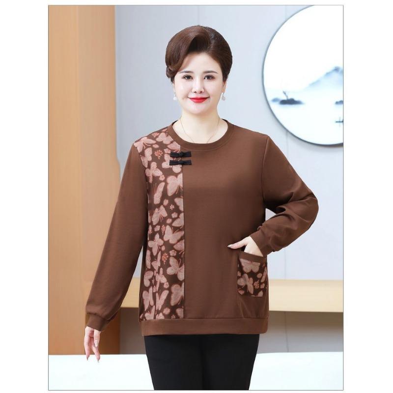 

Round Neck Pullover Geometric Print Long Sleeve Contrast Color Fashionable Casual T-shirt Top XXL коричневый