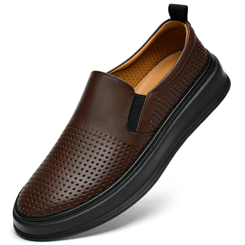 Fashion Male Breathable Genuine Leather Punching Simple Loafers Comfty Casual Slip-ons Man Walking Shoe Summer Men Shoes Hiking Footwear