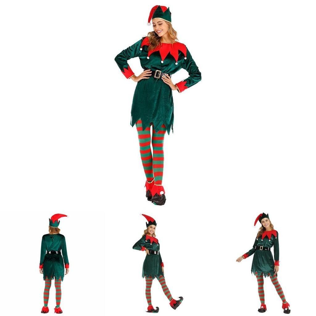 Women's Festive Xmas Elf Outfit Velvet Cosplay Costume With Bells