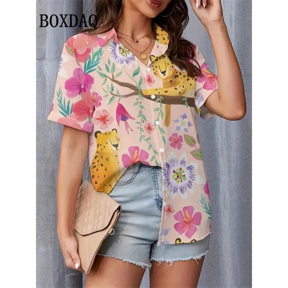 Women's Blouses Summer Retro Flower 3D Printing Shirts Casual Short Sleeve Elegant Fashion Lapel Cardigan Shirts Ladies