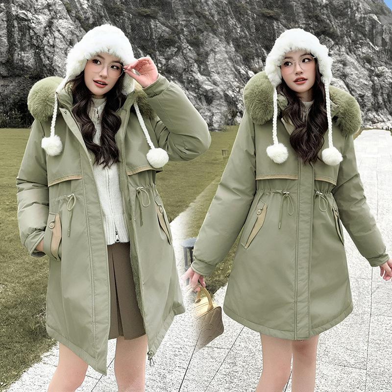Fleece and thickened fur collar pie to overcome women's medium and long models, new thickened large size waist cotton jacket winter