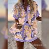 (Imitation Linen) Hot Sale Casual Holiday Shirt Set Beach 1D Printed Shirt Shorts Women's Set