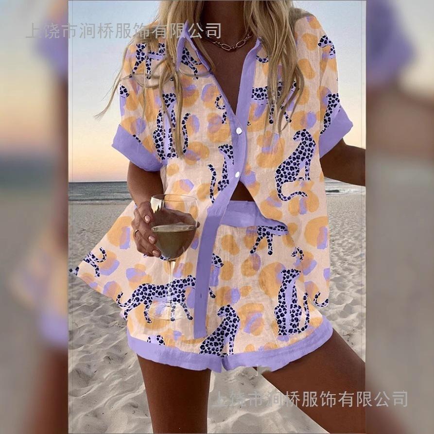 (Imitation Linen) Hot Sale Casual Holiday Shirt Set Beach 1D Printed Shirt Shorts Women's Set