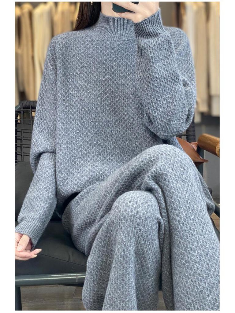 Women's Purple High Neck Wool Sweater & Wide-Leg Pants Set - Autumn/Winter Fashion