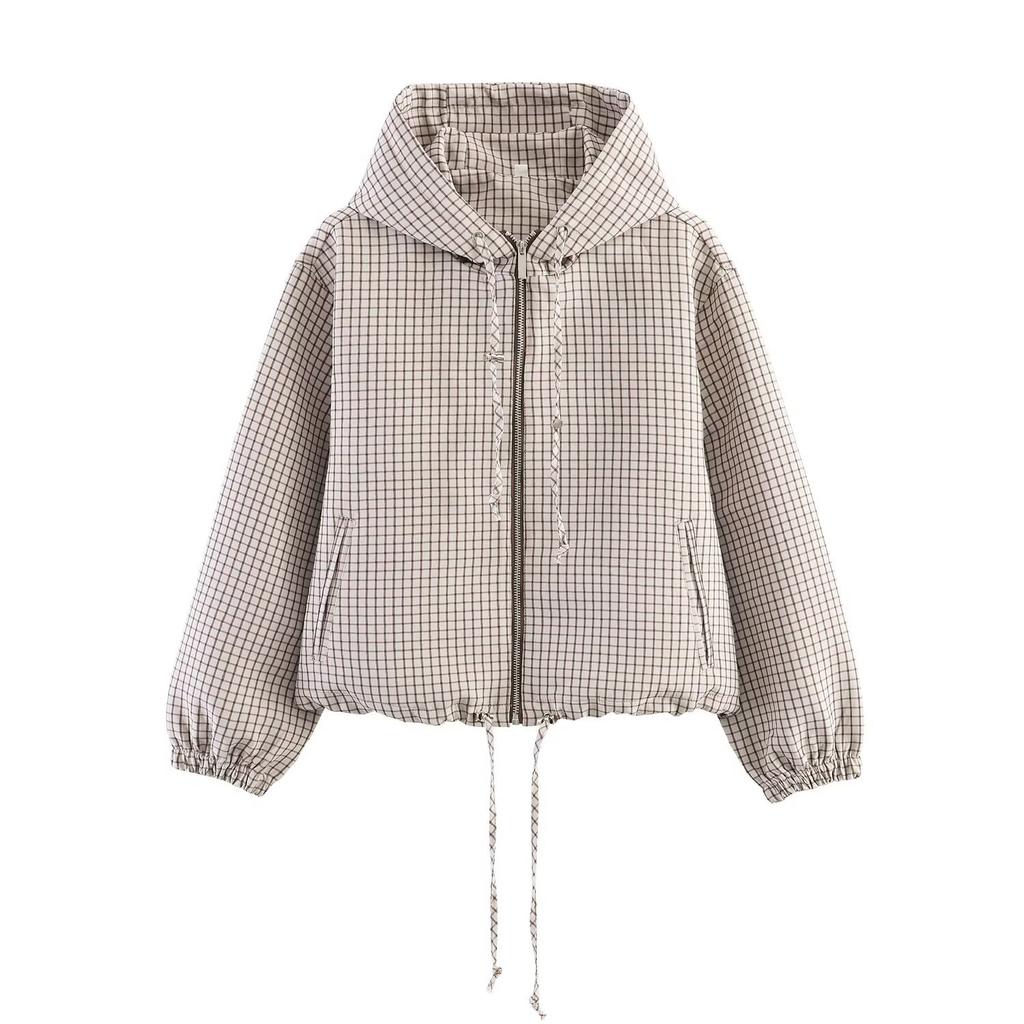 Europäischer und amerikanischer Stil, neue Damenbekleidung, Mode, karierte Kapuzen-Reißverschlussjacke 6318213