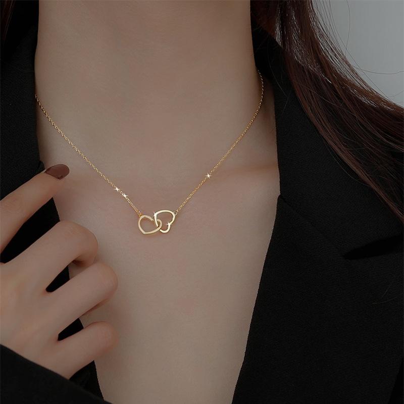 Simple Double Heart Pendant Necklace for Women Couple Stainless Steel Choker Gold Color Chain Wedding Party Friends Zircon Gift