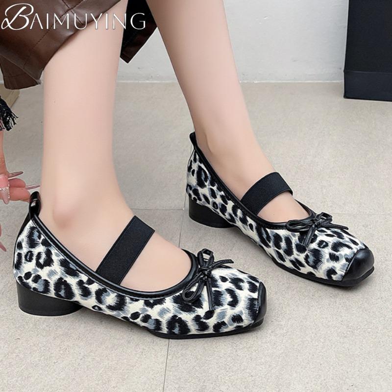 Leopard Square Toe Marie Janes Shoes Bow Women Sandals Ballet 2025 Trend Summer Casual Soft Sole Shoes Shallow Loafers Zapatos