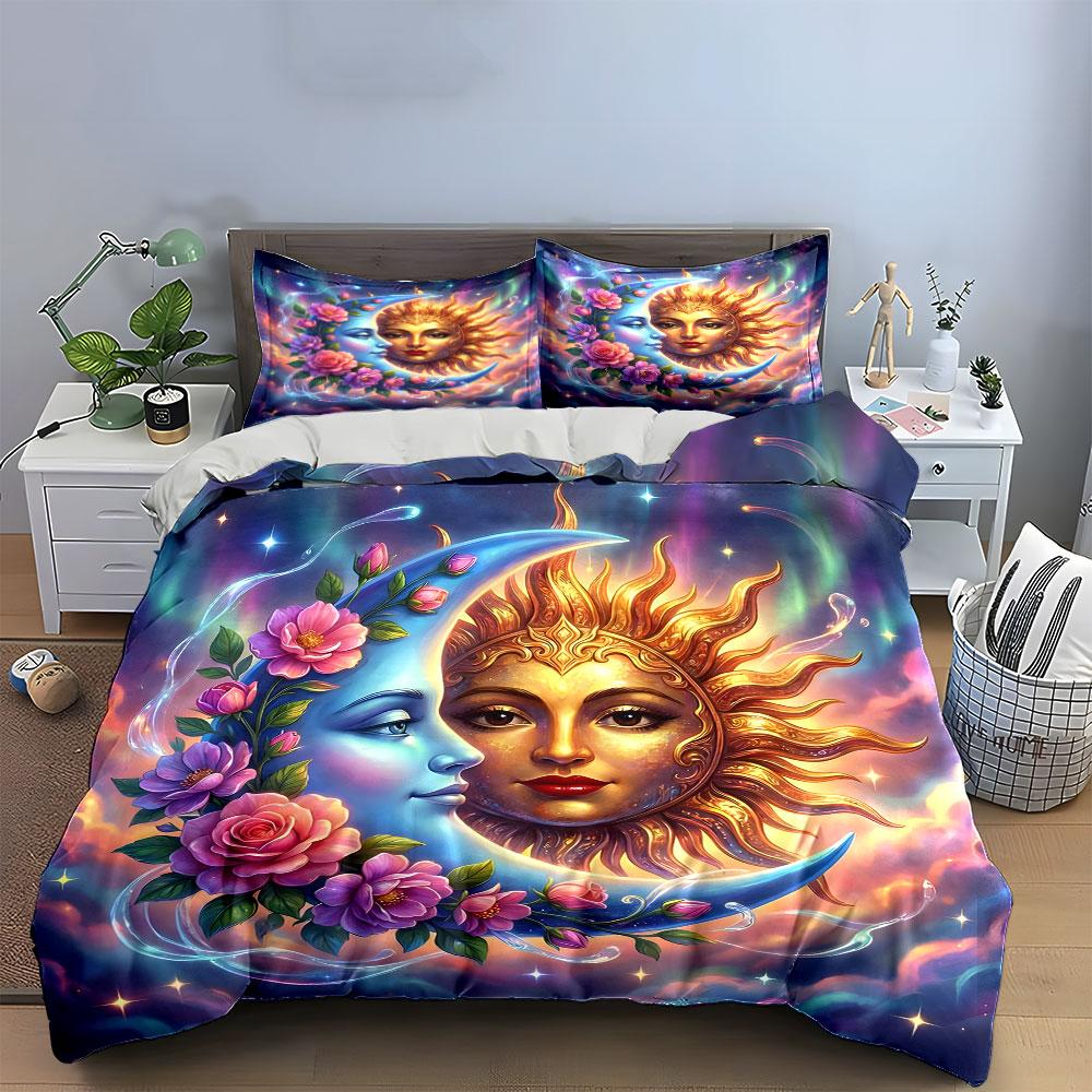 Sun and Moon with Floral Design Bedding Duvet Cover Set (1*Duvet Cover 2*Pillowcases, Without Duvet Insert)