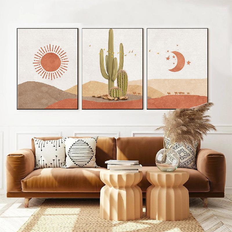 

Скандинавский абстрактный пейзаж, солнце и луна, сцена в стиле бохо, пустыня, принты на холсте, кактус, настенное искусство, настенная картина для гостиной, домашний декор