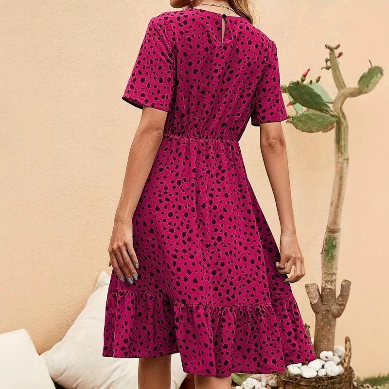 European and American summer new women's elegant and fashionable waist polka dot French crew neck short-sleeved dress