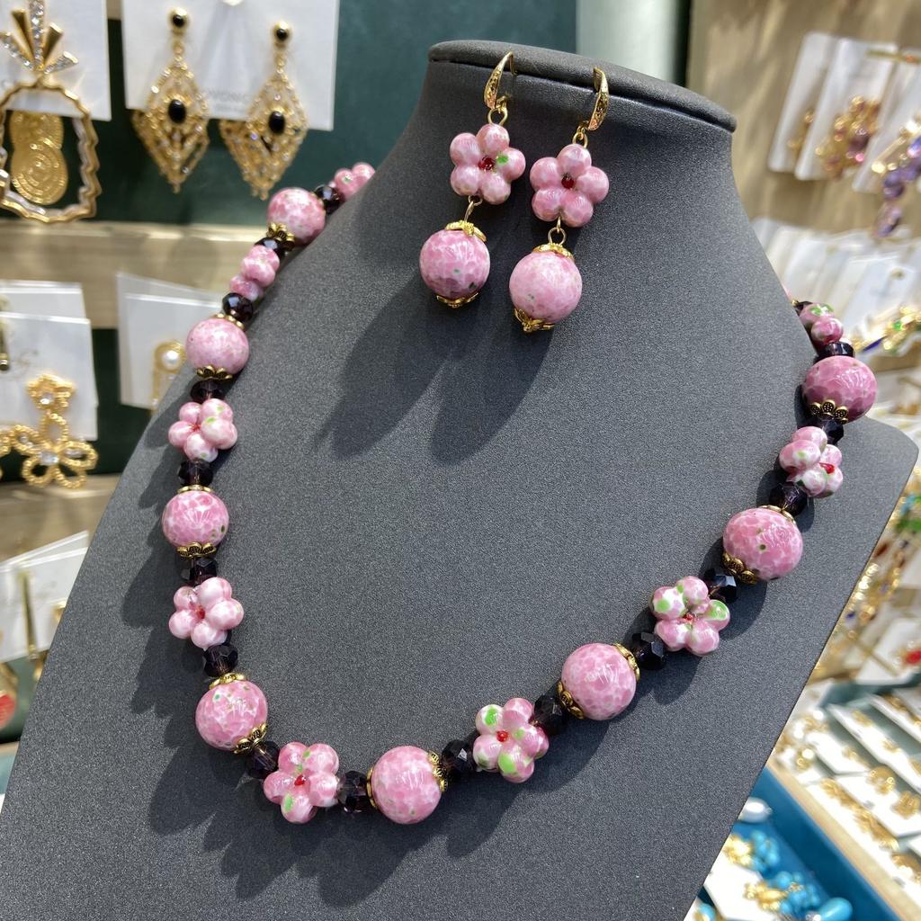 New Medieval Vintage Fashion Retro Design Old Material Pink Frog Skin Glazed Plum Blossom Necklace Beaded Earrings