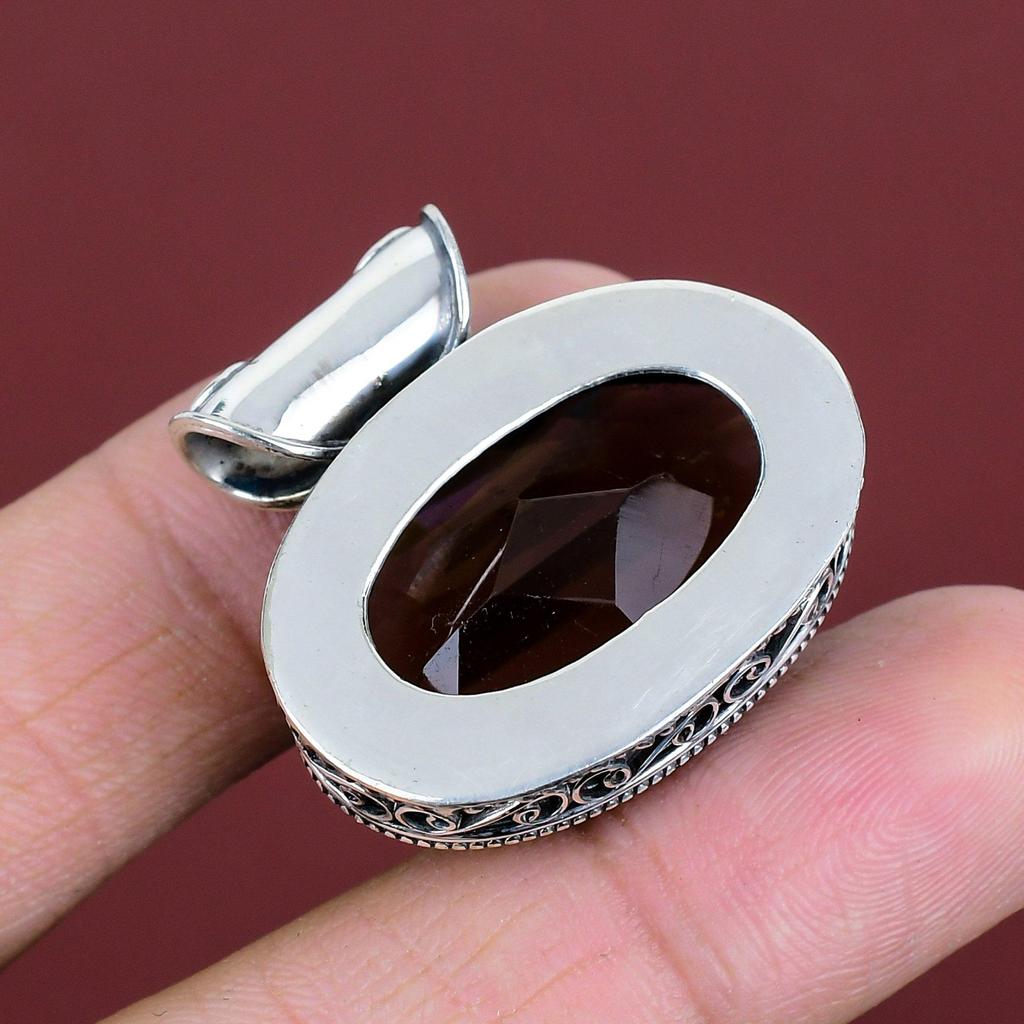 Fasetterat Rökkvartshänge Vintage Ädelstenshänge Statement Smycken 925 Sterlingsilverhänge Handgjort Helt Nytt Hänge Gåvor Till Hennes