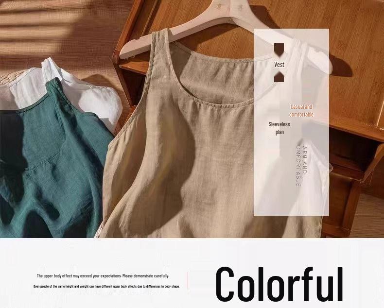 Dámské retro vyšívané bavlněno-lněné tílko: Volný, zeštíhlující letní top bez rukávů