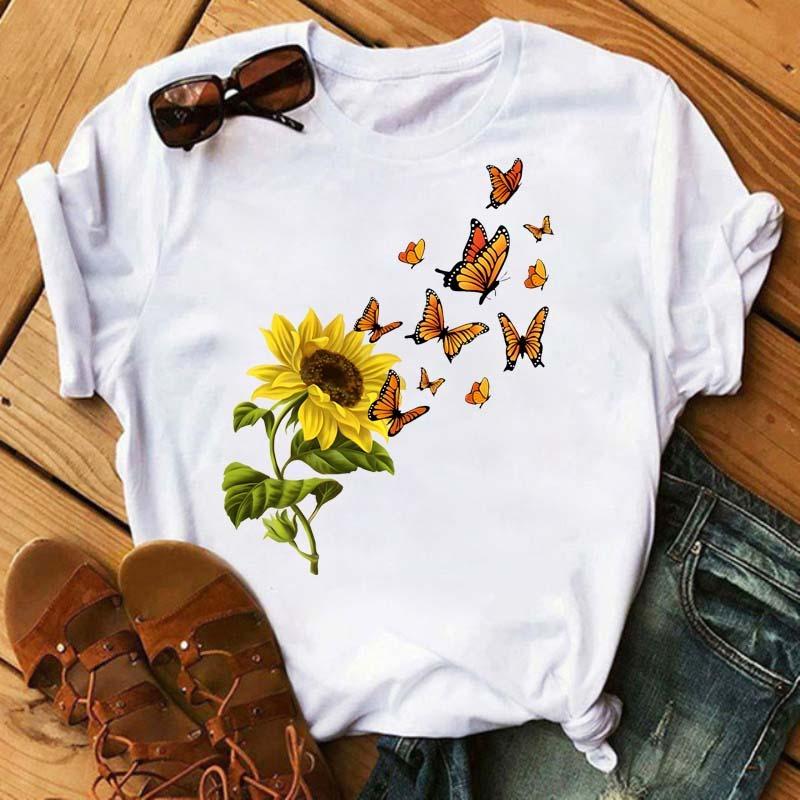 Women's T-shirt Casual Kawaii Sunflower Butterfly Pattern Print Tshirt Comfortable Casual Women's Clothing