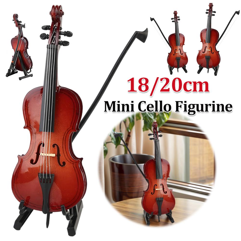Wooden Miniature Cello -Stand & Bow Wood Violin Replica Collectible Figurines Dollhouse Accessories Model Home Display Ornament
